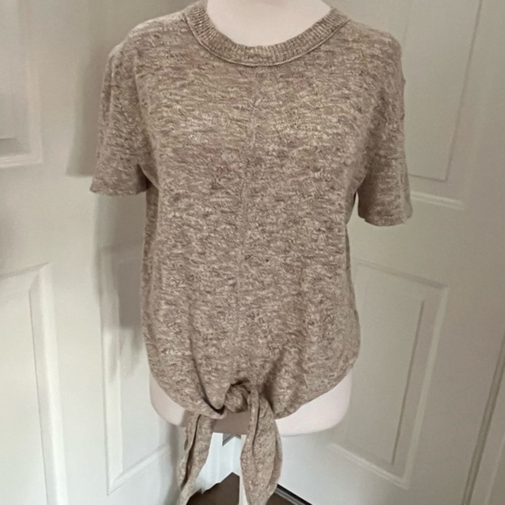 Madewell Texture & Thread Tie Front Top Small Cotton Knit Oatmeal Short Sleeve